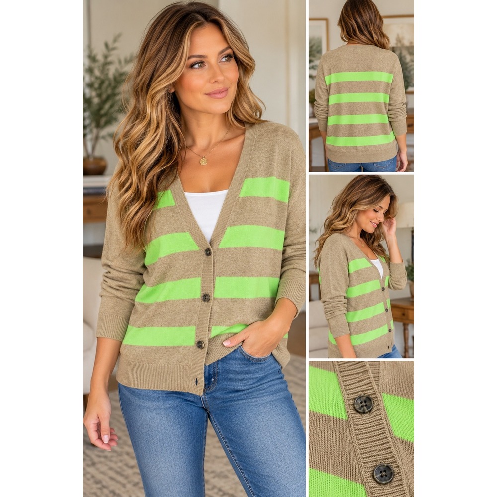 Gap Designed & Crafted Tan Neon Green Striped Wool Blend Cardigan Sweater L